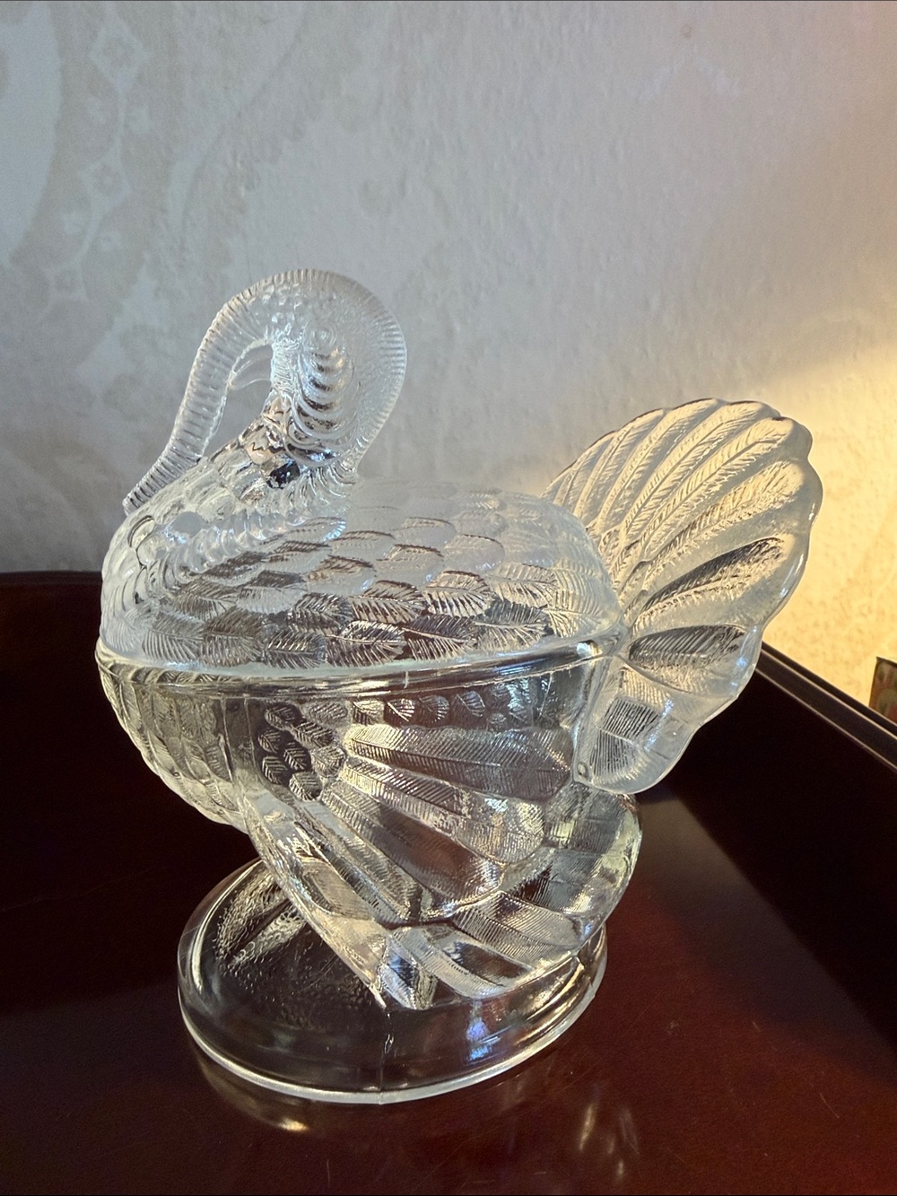 Vintage Le smith Clear Glass Turkey  Covered Dish